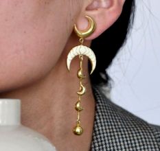 Crescent Moon Drop Earrings in 22K Gold-Plated Brass with Enamel Detailingâ€“ 3.1
